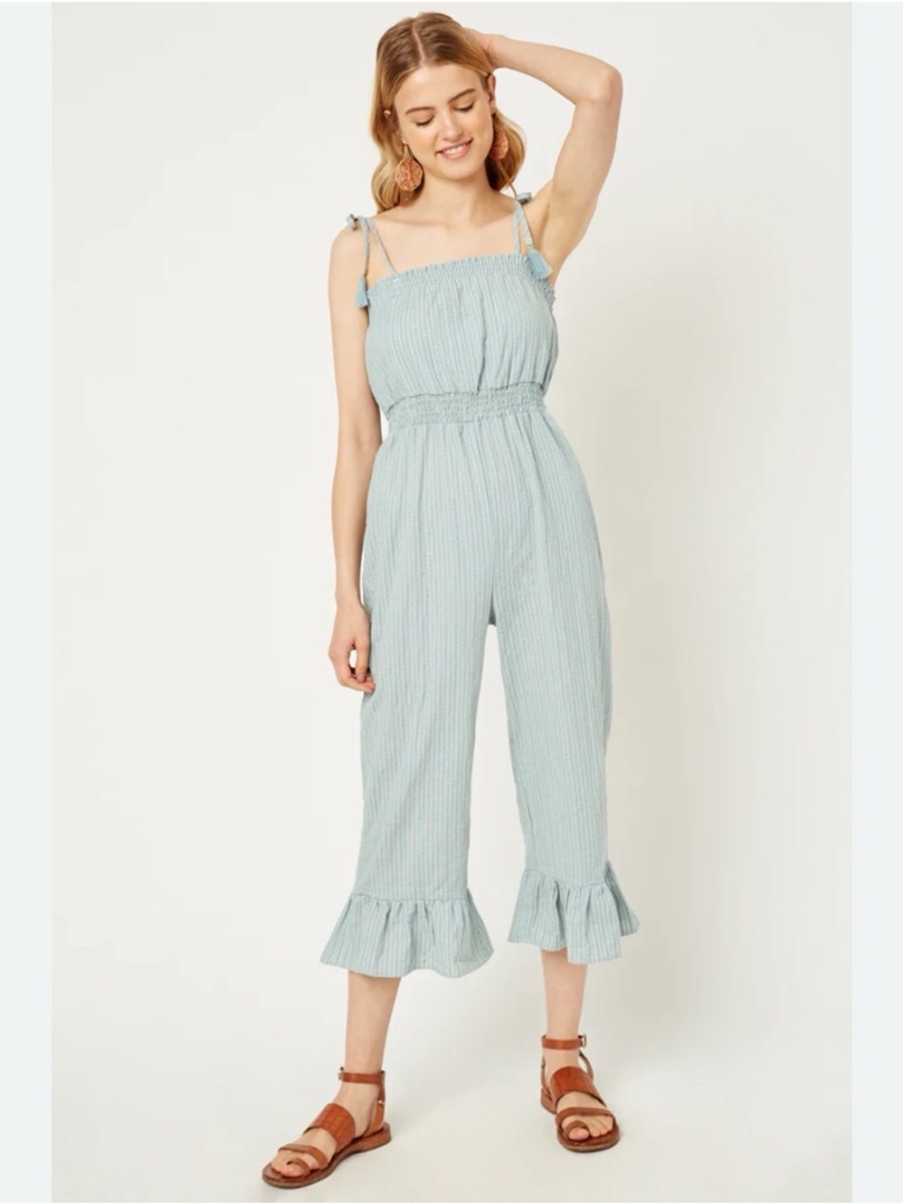 Hayden Sage Green Smocked Jumpsuit with Tie Straps